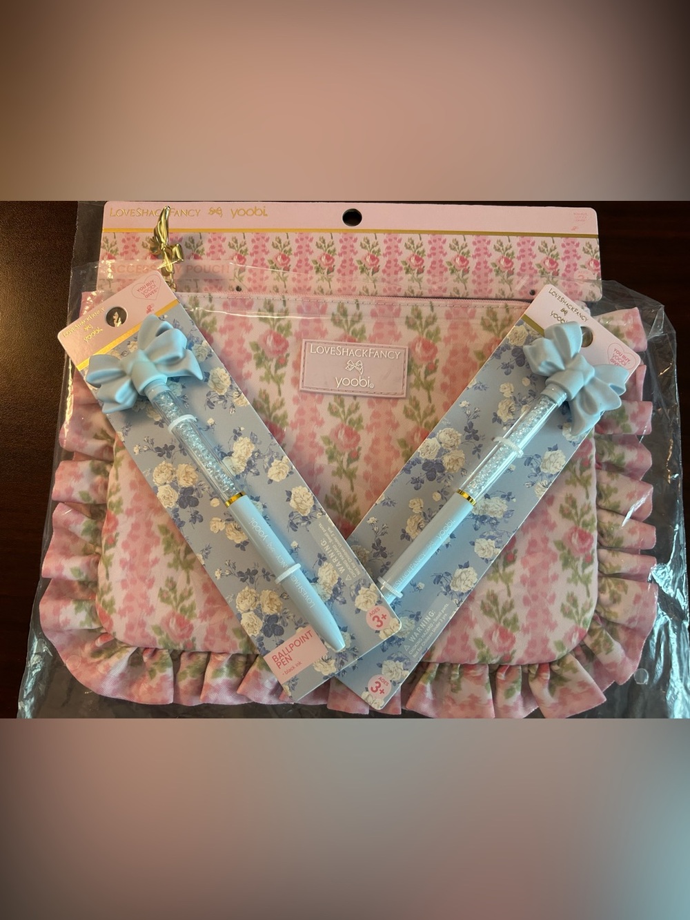 LoveShackFancy Pink Floral Zip Pouch & Bow Pen Combo NWT